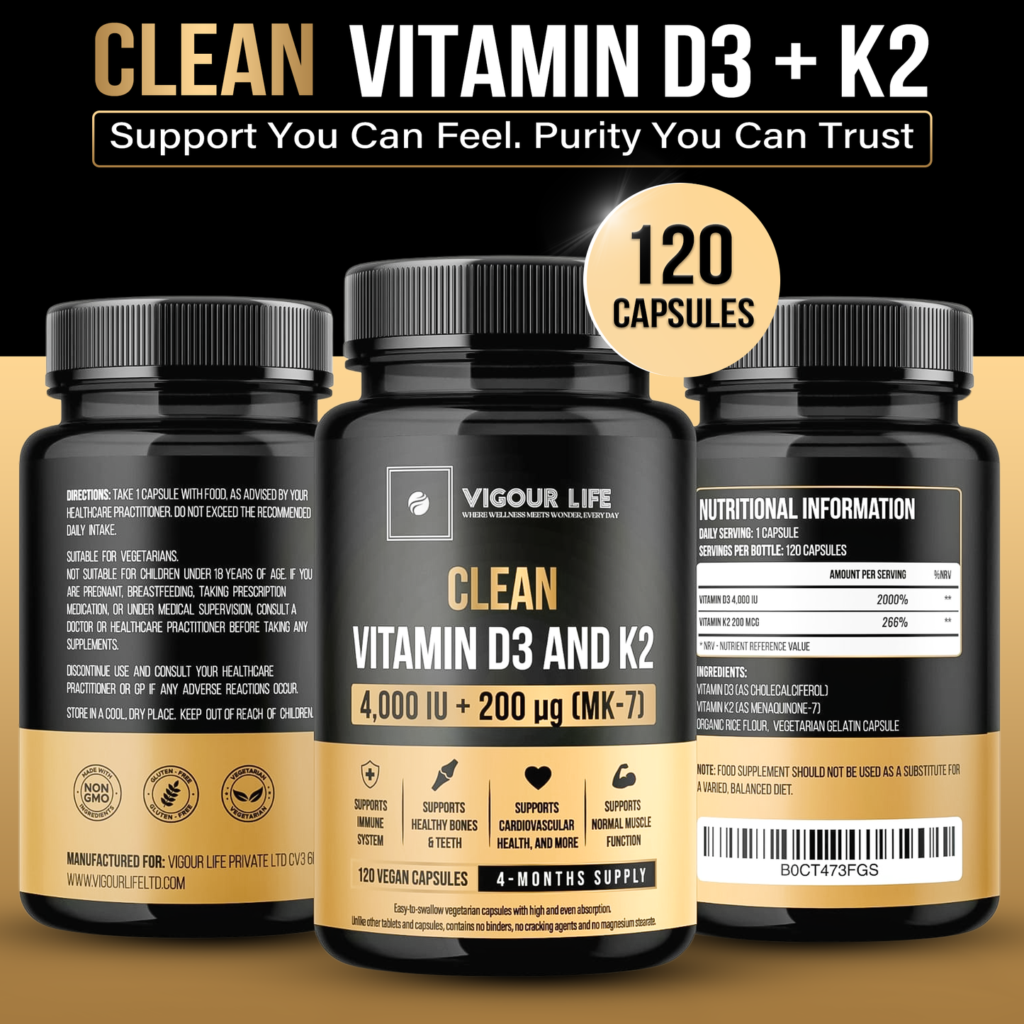 Clean Vitamin D3 4000IU + K2 MK7 200mcg |No Synthetic Fillers, No Binders, No Magnesium Stearate, No Cracking Agents