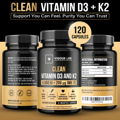 Clean Vitamin D3 4000IU + K2 MK7 200mcg |No Synthetic Fillers, No Binders, No Magnesium Stearate, No Cracking Agents