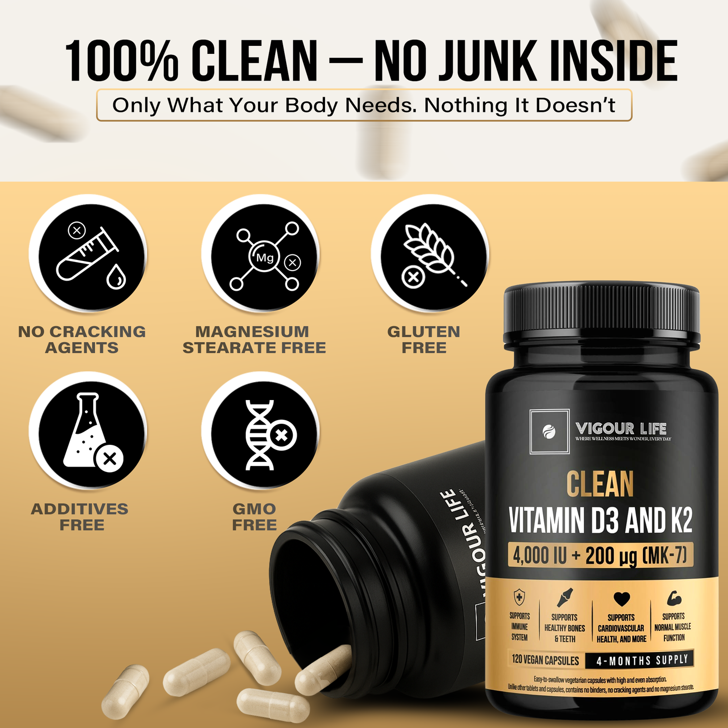 Clean Vitamin D3 4000IU + K2 MK7 200mcg |No Synthetic Fillers, No Binders, No Magnesium Stearate, No Cracking Agents
