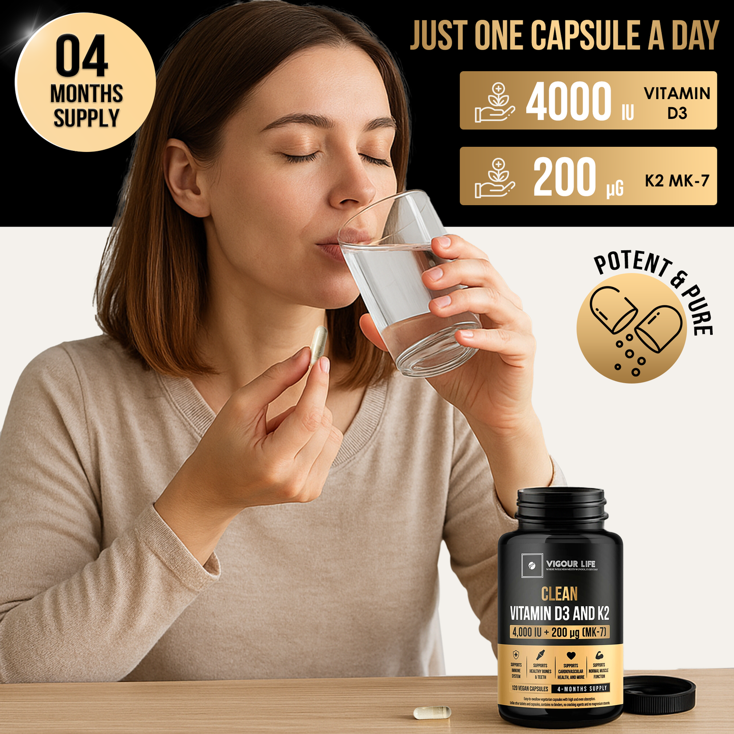 Clean Vitamin D3 4000IU + K2 MK7 200mcg |No Synthetic Fillers, No Binders, No Magnesium Stearate, No Cracking Agents