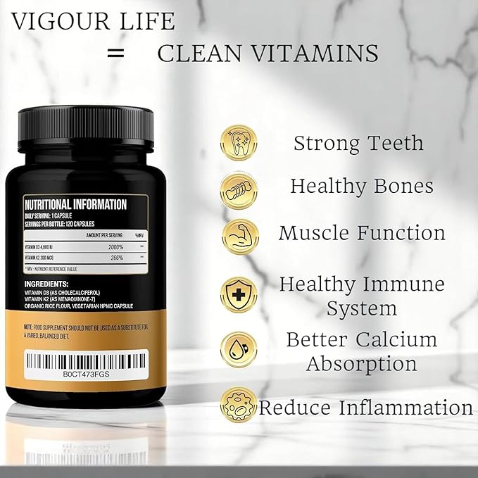 Clean Vitamin D3 4000IU + K2 MK7 200mcg |No Synthetic Fillers, No Binders, No Magnesium Stearate, No Cracking Agents