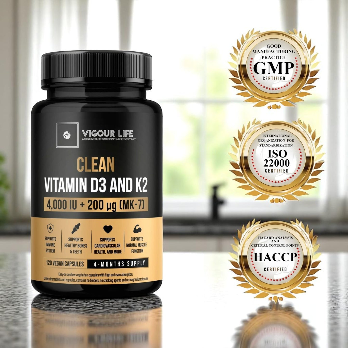Clean Vitamin D3 4000IU + K2 MK7 200mcg |No Synthetic Fillers, No Binders, No Magnesium Stearate, No Cracking Agents