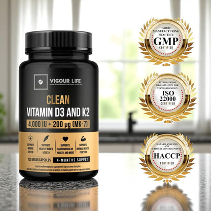 Clean Vitamin D3 4000IU + K2 MK7 200mcg |No Synthetic Fillers, No Binders, No Magnesium Stearate, No Cracking Agents